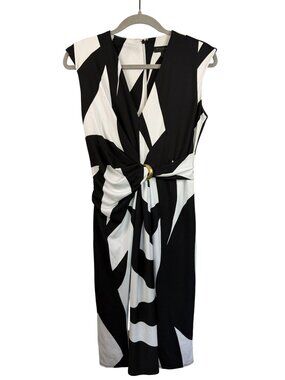 Donna Karan Black & White Abstract Print Dress With Gold Ring Detail Size 2